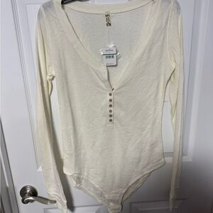 Free People Cream Long Sleeve Bodysuit